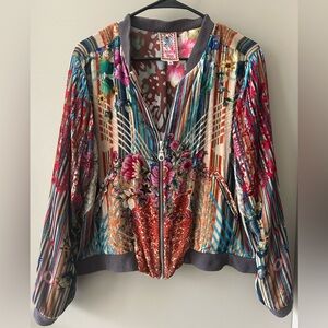 Johnny Was Strona Velvet Boho Floral Silk Blend Bomber Jacket Sz Medium